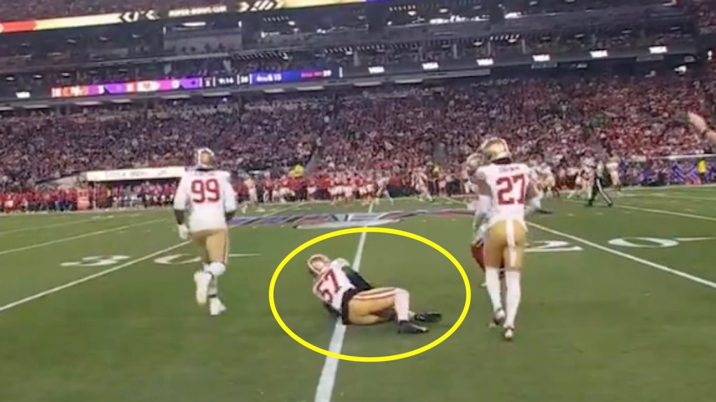 49ers’ Dre Greenlaw suffers freak Super Bowl 2024 Achilles injury jogging onto&nbsp;field